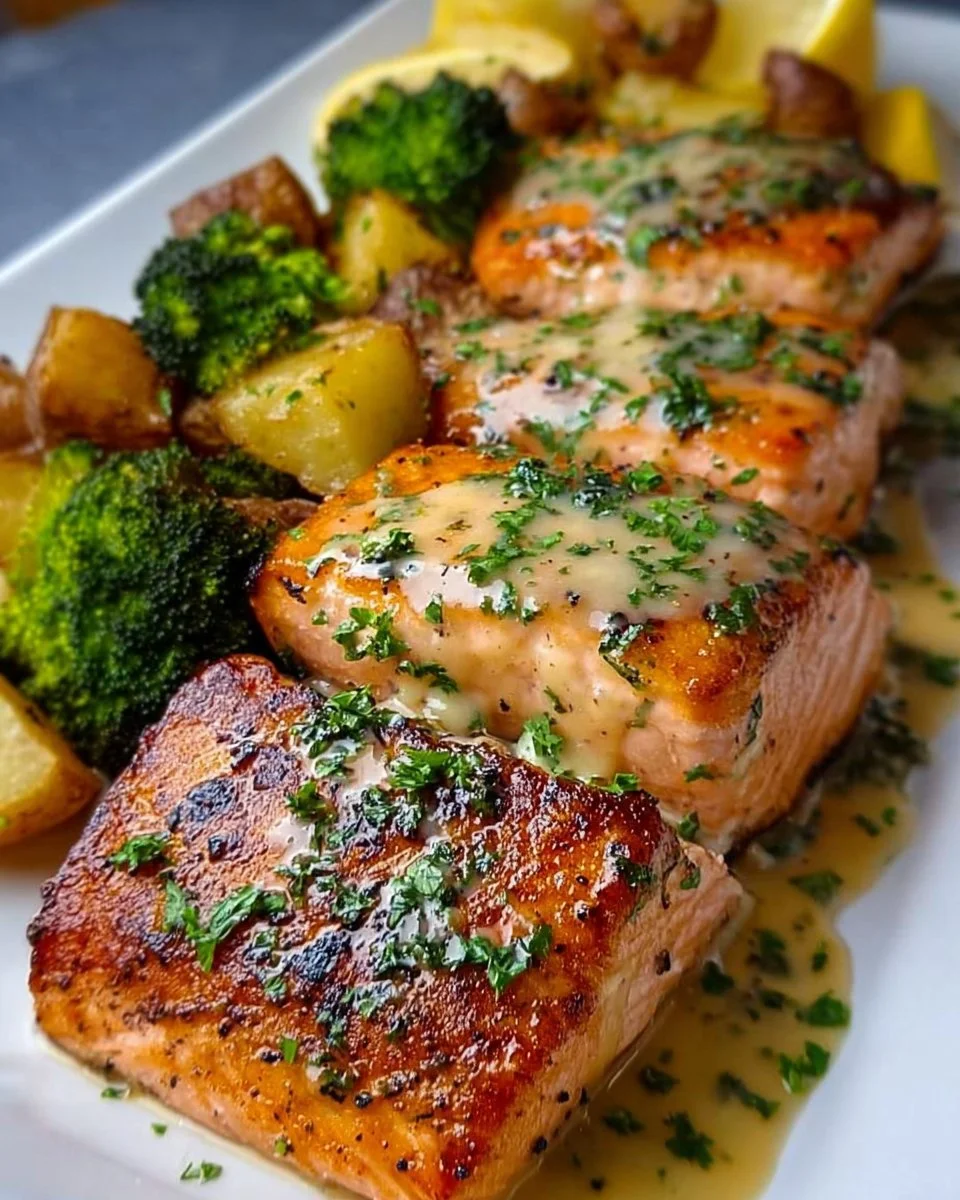 Lemon Butter Salmon with Crispy Potatoes and Broccoli