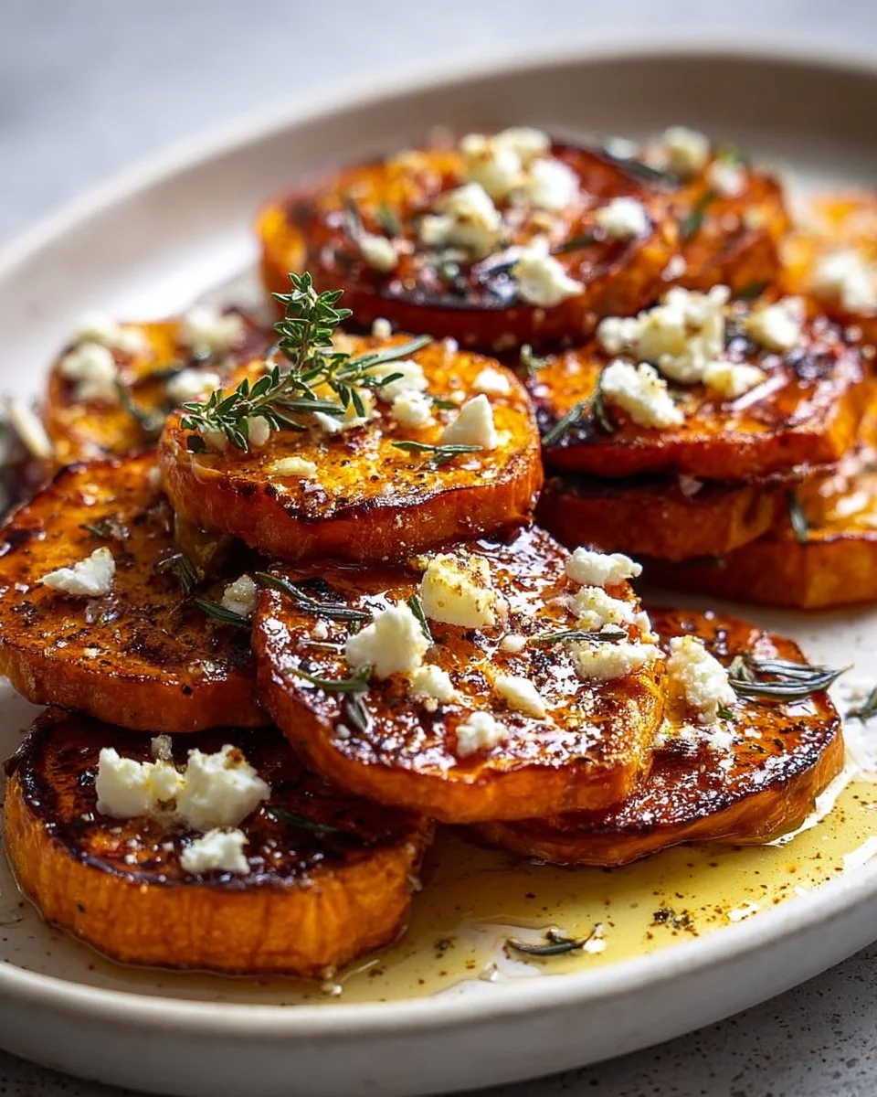 Gebratene Süßkartoffelscheiben mit Honig und Feta