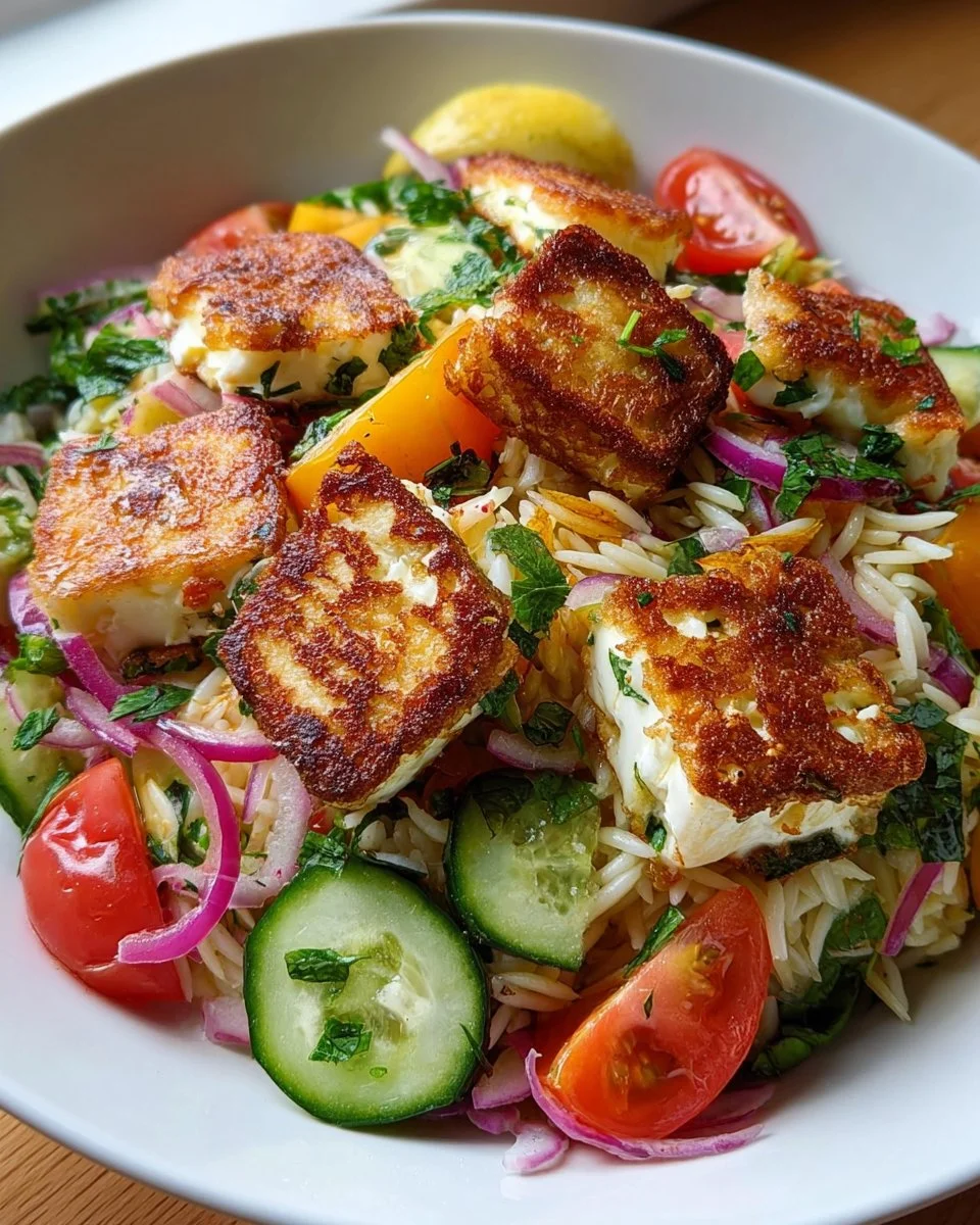 Kritharaki-Salat mit knusprigen Halloumi-Croutons