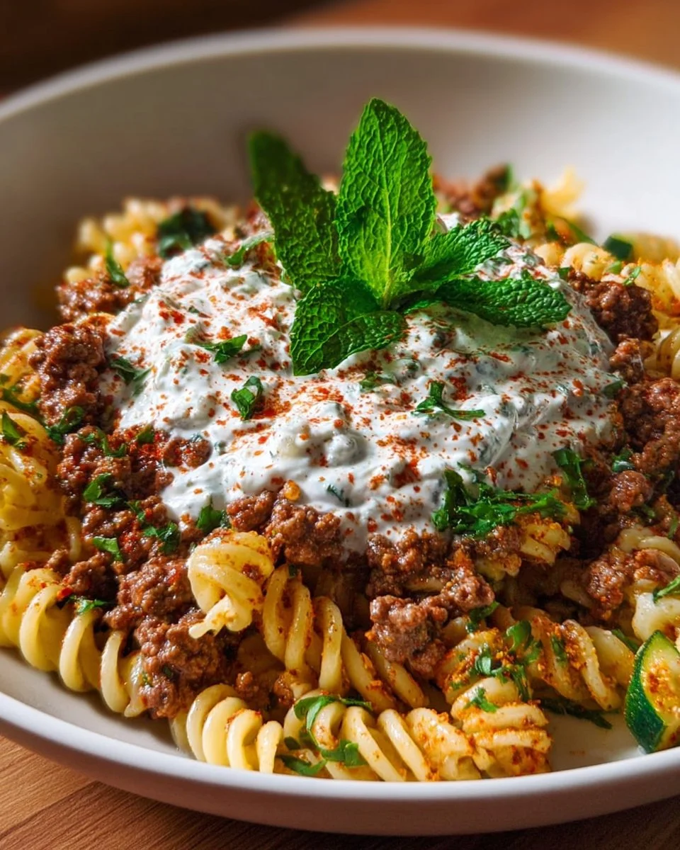 Türkische Pasta mit Hackfleisch und Joghurt-Sauce