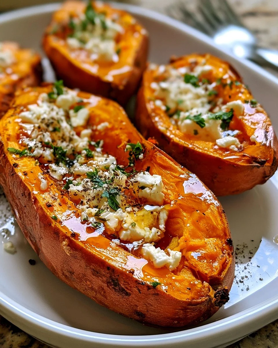 Baked sweet potatoes with honey and feta