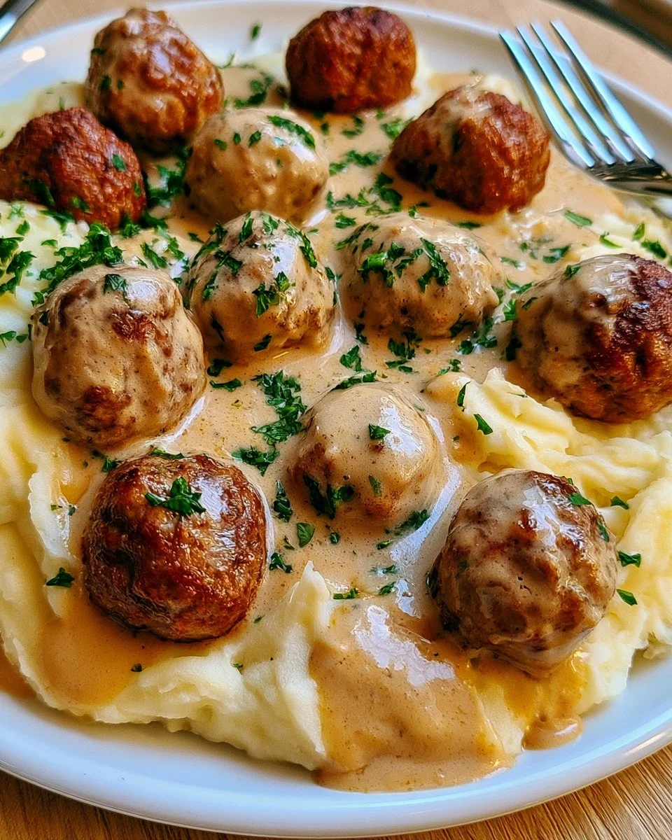 Hackbällchen in cremiger Sauce mit Kartoffelpüree