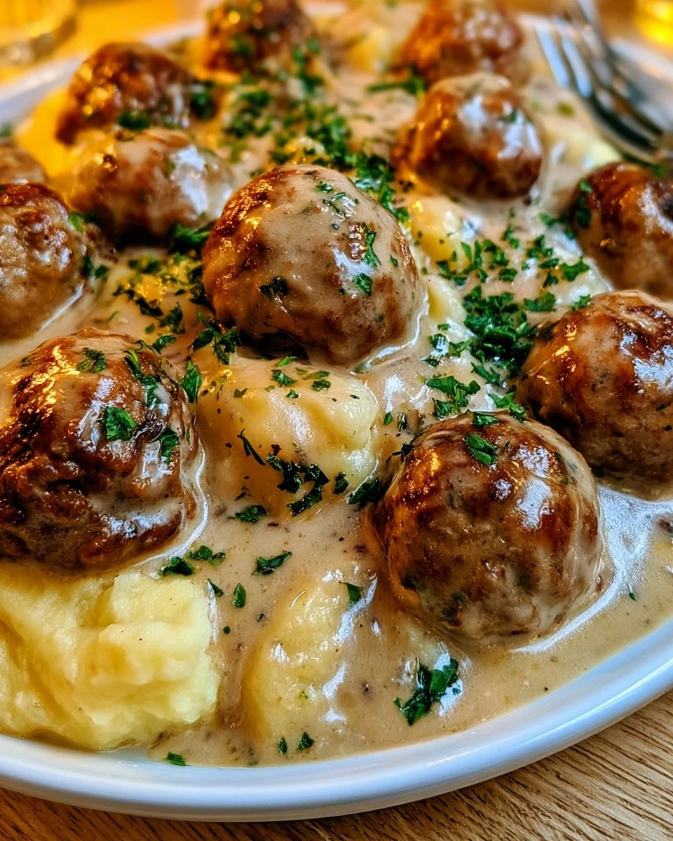 Hackbällchen in cremiger Sauce mit Kartoffelpüree