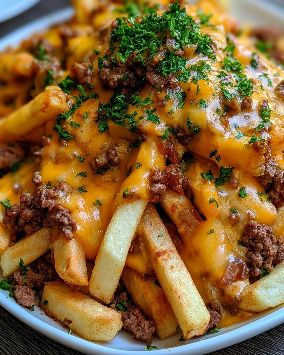 Pommes Frites mit Hackfleisch und Cheddar