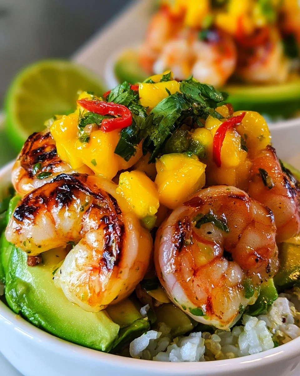 Shrimp-Avocado-Bowls mit Mango-Salsa und Limetten-Chili-Sauce